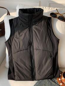 SHEIN EZwear 女士纯色拉链领休闲加垫背心夹克，冬季 - 黑色 - 查看 5