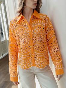 Frievida 女士衬衫，领口和下摆饰有精美的激光切割刺绣细节，欧式风格 - 橘色 - 查看 5