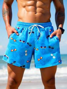 Manfinity VDAYZ Men's Pineapple Print Drawstring Waist Pocket Beach Shorts - Teal Blue - View 1