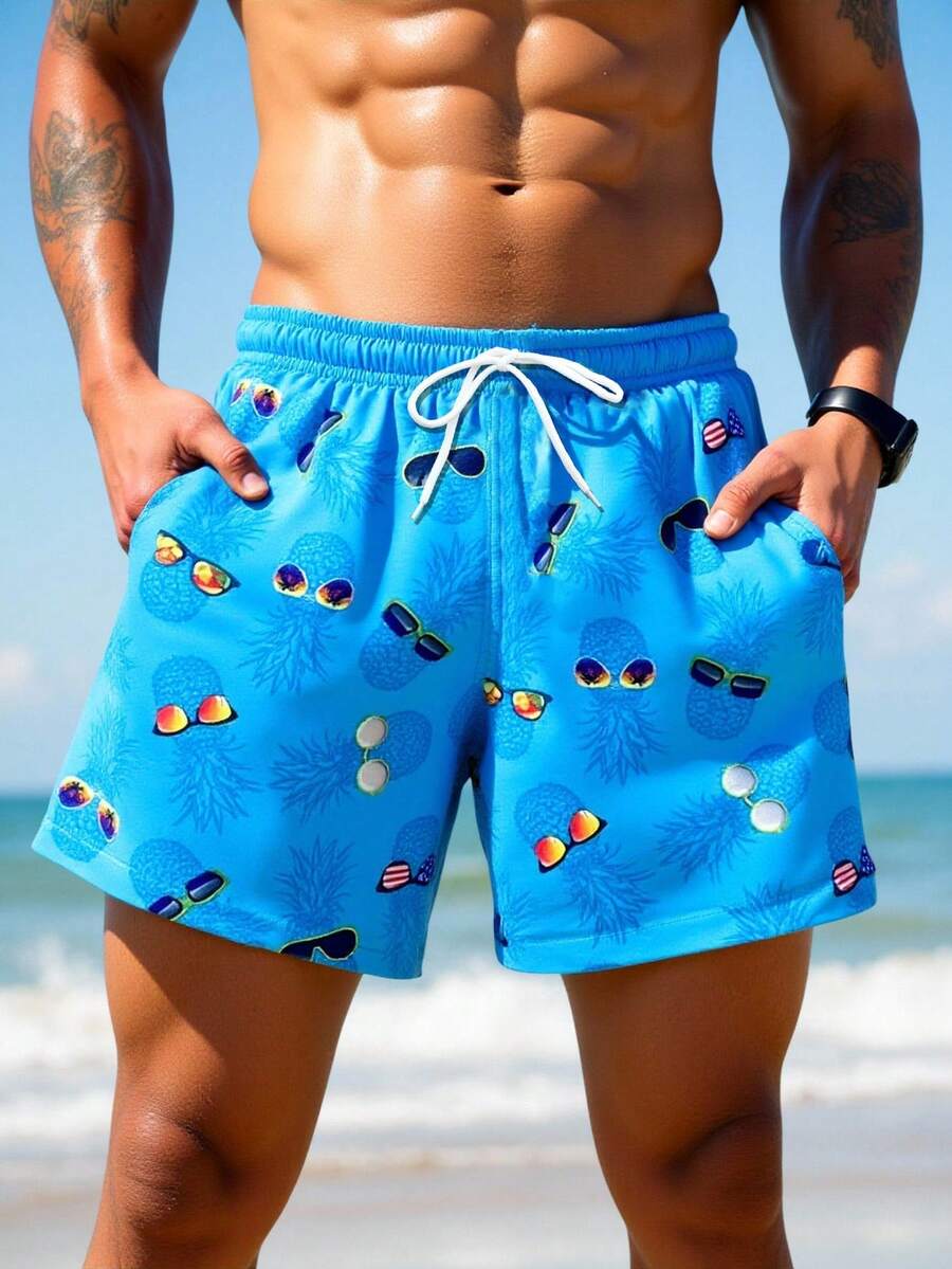 Manfinity VDAYZ Men's Pineapple Print Drawstring Waist Pocket Beach Shorts - Teal Blue - View 1