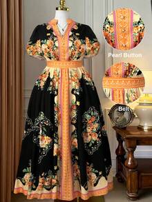 Rometta Đầm nữ cỡ lớn in hoa, cổ đứng, tay phồng, thích hợp cho kỳ nghỉ. - màu đen - Xem 1