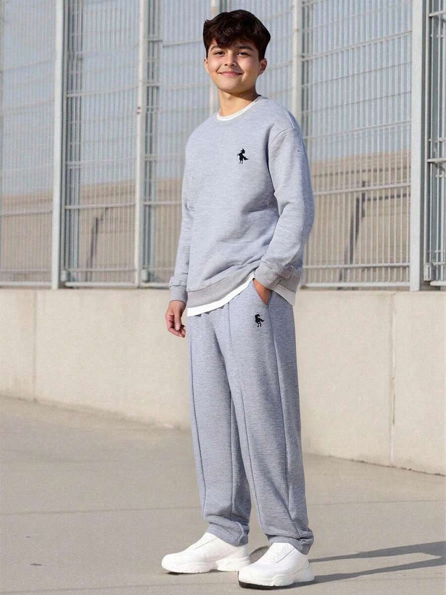 Vacaura 2件套青少年男童时尚花卉灰色卫衣和配套运动裤套装，面料柔软舒适，适合户外运动、摄影、上学、郊游及各种场合。