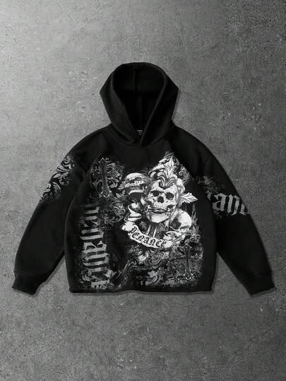 Felpa con cappuccio oversize da uomo con stampa grafica, stile retrò da strada