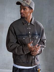 ROMWE MEN Street Life Men's Casual Retro Airplane Buckle Collar Denim Jacket - Black - View 5
