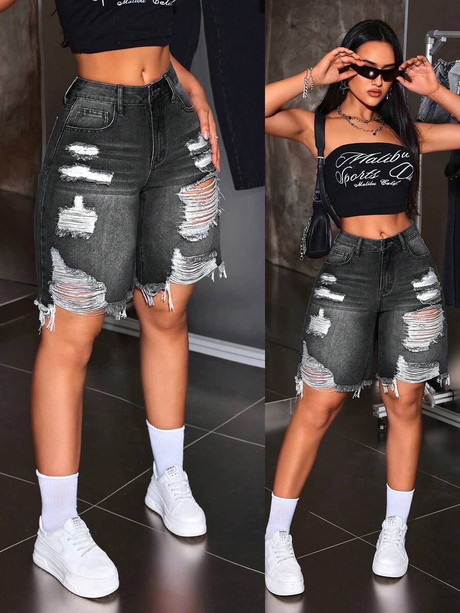 SHEIN ICON شورتات جينز مُمزَّقة عصرية للنساء - رمادي - مشاهدة 1