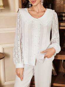 SHEIN Peter Pan Collar Cardigan Embroidered Contrast Lace Long Sleeve Pajama Set For Women - White - View 6