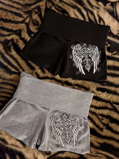 Glimmora 2pcs Y2K Women Vintage Textured Wing & Cross Print Shorts Set, Comfortable Casual Bottoms Suitable For Daily Gatherings
