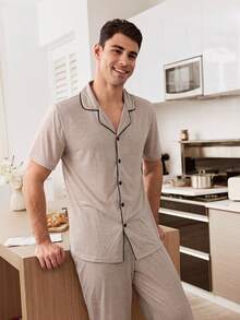 CoupledUp Men's Khaki Collar Black Stripe Trim Super Soft Draping Knit Fabric Short Sleeve Top And Pants, Casual Couple Loungewear/Sleepwear Set - Khaki - View 2