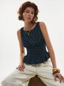 Poéselle 女士波点荷叶边下摆时尚百搭无袖牛仔衬衫，适合度假穿着 - 深色水洗藍 - 查看 7