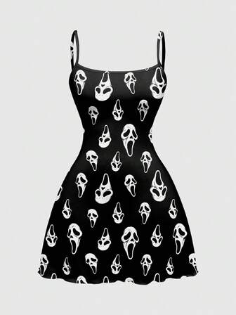 Goth Abito mini gotico e orrore con stampa scura e sexy, adatto per l'autunno/inverno