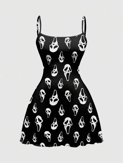 ROMWE Gothic Horror Dark Print Sexy Mini Dress For Women, Autumn/Winter