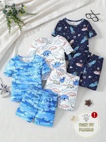 6pcs/Set Young Boy Cartoon Galaxy & Ocean Animal Print Snug Fit T-Shirt And Shorts Pajama Set - Multicolor - View 7