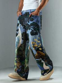 ROMWE MEN Street Life Men's Animal Landscape Print Fashion Jeans - Blue - View 1