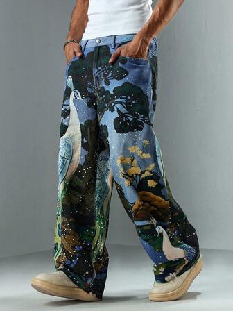 Street Life Jeans de moda con estampado de paisaje animal para hombres