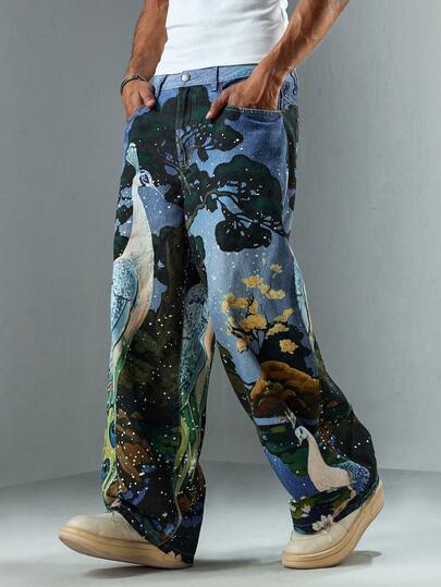 Street Life Men's Animal Landscape Print Fashion Jeans