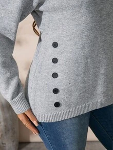 EMERY ROSE Suéter de cuello redondo de manga larga, ajustado, con botones de diseño contrastante y mezcla de hilos, de estilo nuevo europeo y estadounidense, al igual que el de los bloggers - Gris Claro - Ver 7