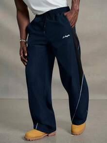 PAVTROS Men's Casual Color Block Drawstring Straight Leg Pants, Loose Fit Long Patchwork Black Straight Leg Sweatpants, Fall - Navy Blue - View 5