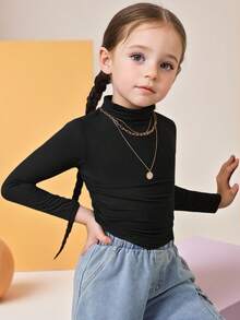 Young Girl Black Mock Neck Ruched Basics Solid Color Knit Tee,Great For Casual & Daily Wear & School Daily In Autumn Winter - Black - View 5