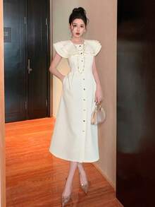 DAZY Women's Elegant Ruffled Hem Solid Color Dress, Summer Wedding Guest Dress Sundress - Beige - View 8