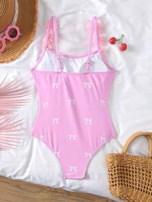 SHEIN Tween Girl Tween Girls 1-Piece Swimsuit With Bow Decor And 3D Floral Embellishment - Pink - View 5