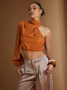 Hauture Women's Sexy One Shoulder Swing Collar High Mock Neck Long Sleeve Blouse Top - Chocolate Brown - View 5