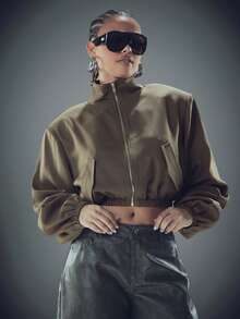 Denimoi 轻薄翻盖口袋拉链短款夹克 春季夹克 落肩夹克 - 軍綠色 - 查看 4