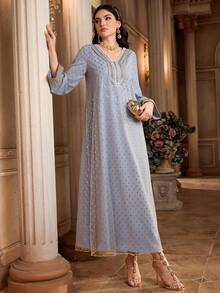 Al Najma Women's Elegant V-Neck Long Sleeve Foil Polka Dot Arabic Style Dress - Blue - View 6