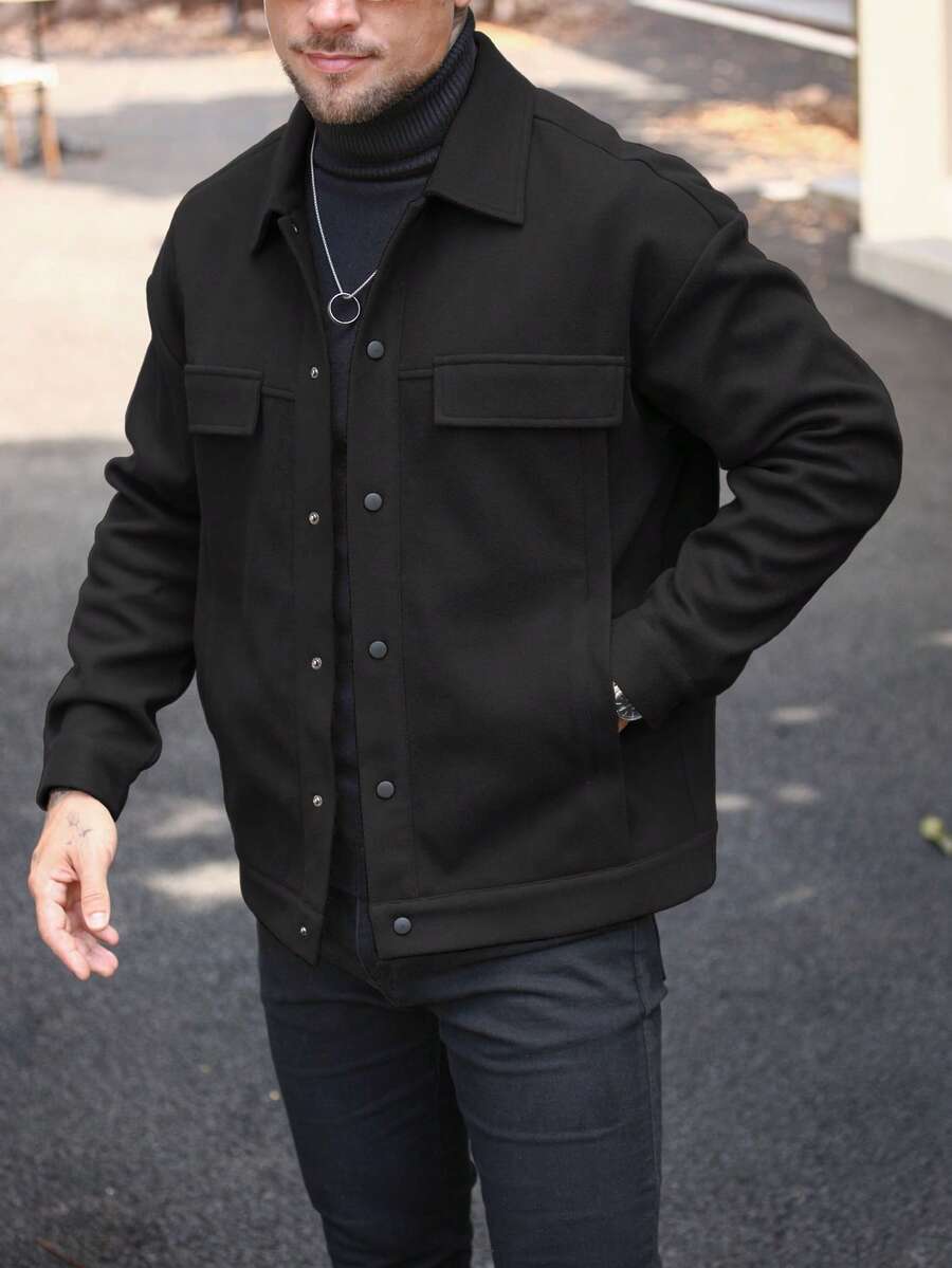 Manfinity Homme Men's Fashion Single-Breasted Wool Blend Coat, Suitable For Commuting, Autumn/Winter Men Shacket Black Jacket Men - Black - View 1