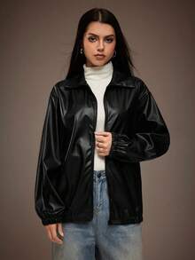 Sparklyn 少女纯色宽松外套，PU材质，光泽亮丽，百搭纯色设计，适合日常穿着、通勤，尽显青春活力，秋冬季必备。 - 黑色 - 查看 6