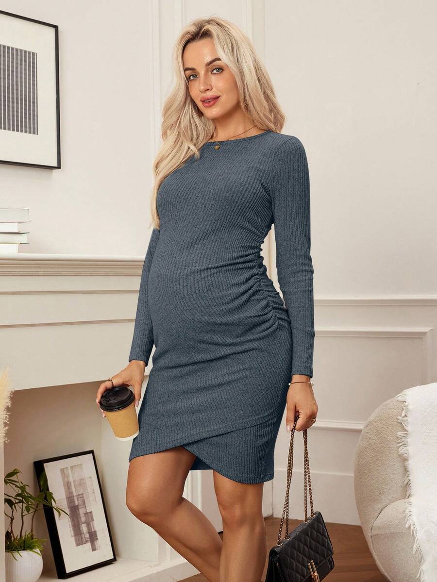 SHEIN Maternity Crew Neck Ribbed Ruched Asymmetrical Hem Casual Daily Wear Long Sleeve Dress - Dusty Blue - View 1