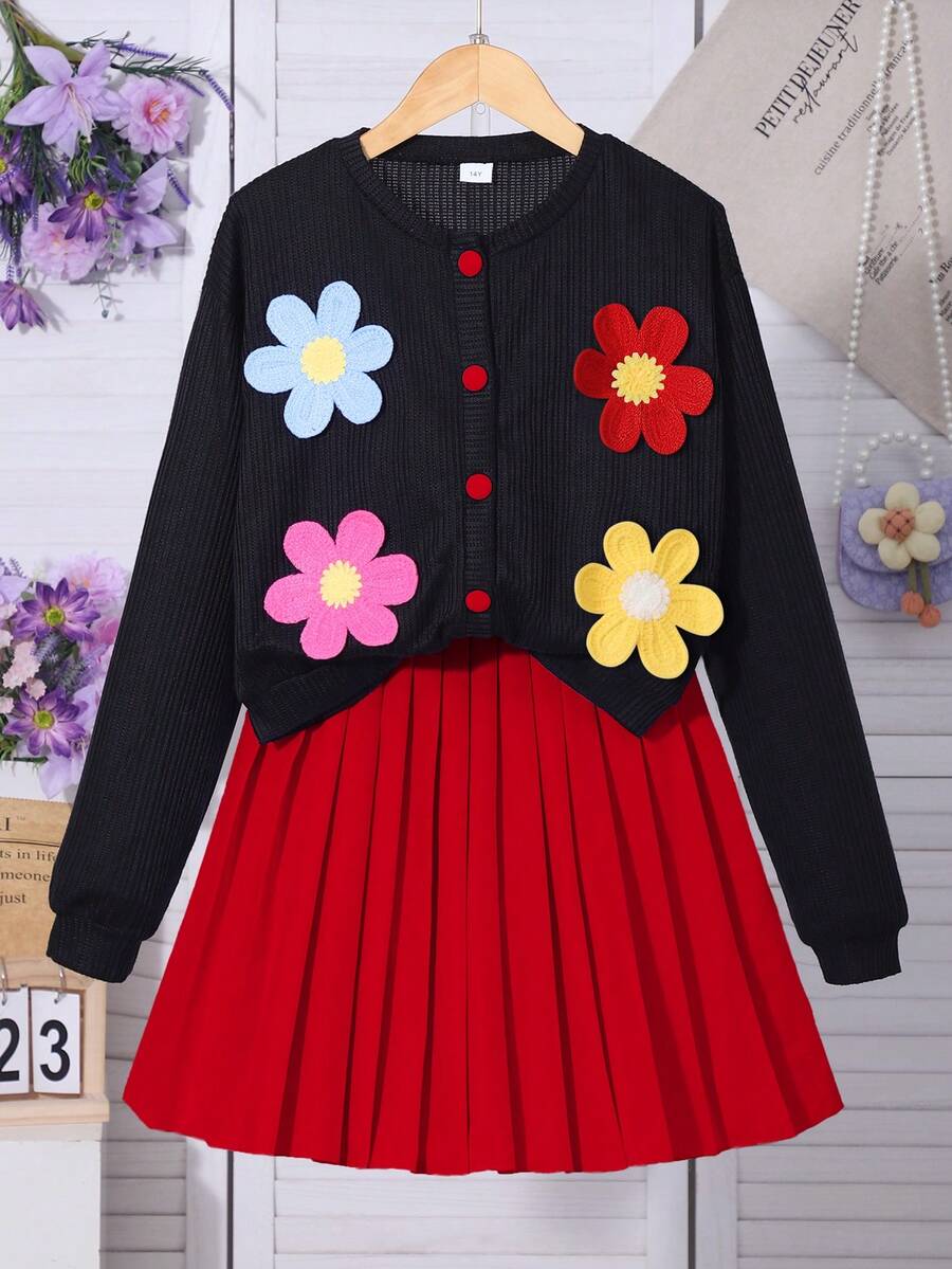 SHEIN 两件套少女多巴胺灵感印花针织开衫和纯色百褶裙，活力春季套装 - 紅色 - 查看 1