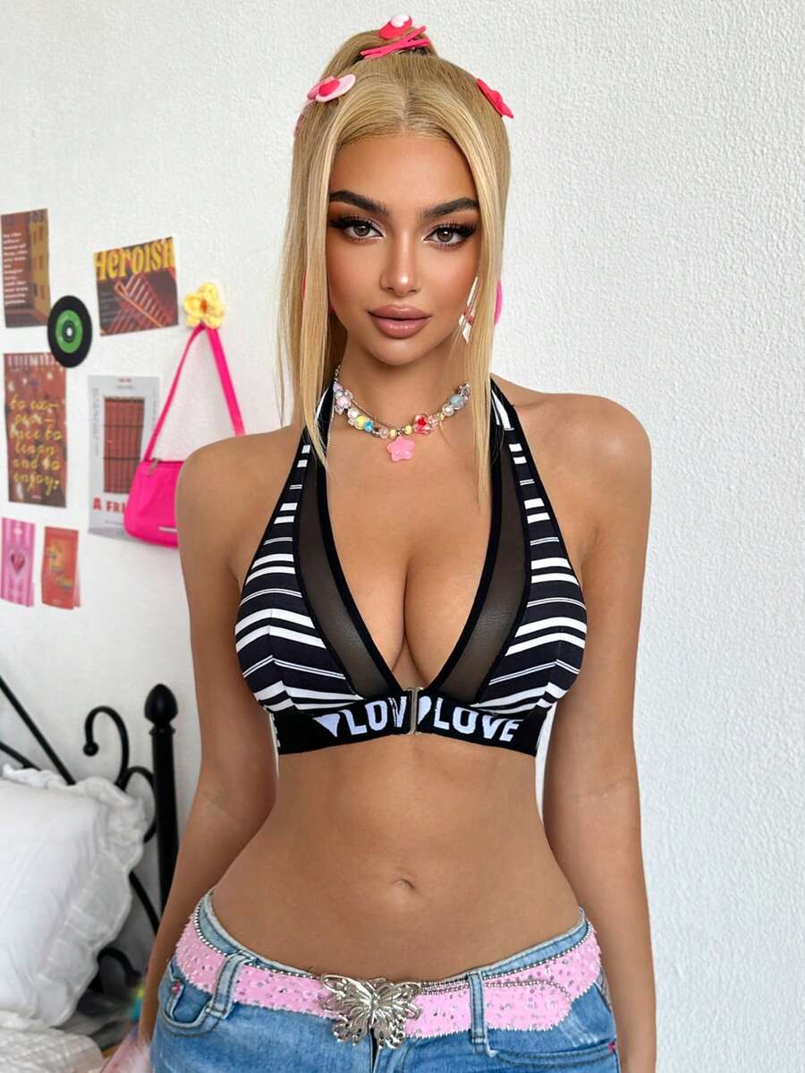 Eraneu ملابس داخلية نسائية بطباعة حرفية على شبكة قماش مخططة، مثيرة بتصميم هالتر، موضة مناسبة لعيد الحب - أبيض وأسود - مشاهدة 1