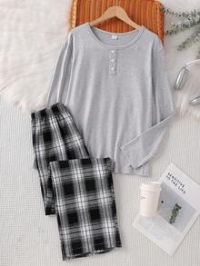 2pcs Plaid Casual Loungewear Set With Faux Button Front, Long Sleeve Top And Pants For Teens