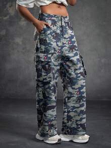 SHEIN How to Train Your Dragon Women's Casual Camouflage Multi-Pocket Cargo Pants - Army Green - View 6