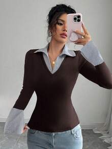 SHEIN Raffinéa 条纹印花撞色女式简约V领Polo衫弹力修身打底衫，适合休闲、俱乐部、商务休闲、音乐会、办公室等场合，尽显老钱风范。罗纹针织面料，高弹力，超柔软舒适，亲肤贴身，修身剪裁，休闲日常性感派对街头度假旅行约会，春夏秋冬新款钟形长袖T恤，蓝绿色女式长袖上衣，商务休闲秋季上衣。 - 咖啡棕 - 查看 5