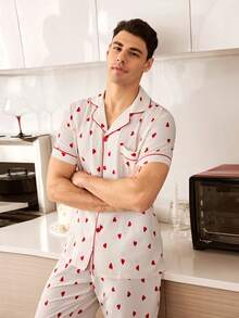SHEIN 2pcs Men's Homewear Set With Heart Pattern Collar Valentine's Day Pajamas Men's Pajamas Couple Pajamas - White - View 3