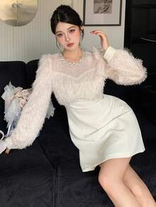 DAZY Đầm nữ thanh lịch dáng lửng, có tua rua, phối nhiều mảnh, thích hợp cho công sở. - Màu be - Xem 8