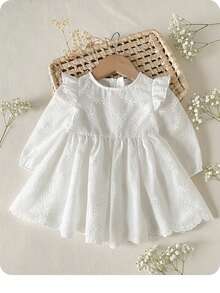 SHEIN LMoss Kids 女婴可爱优雅白色花卉刺绣荷叶边连衣裙 - 白色 - 查看 7