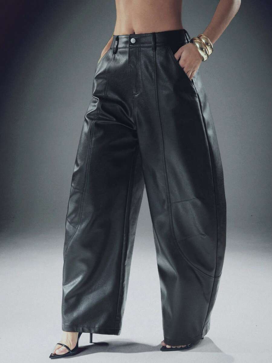Denimoi Faux Leather Wide Leg Barrel Leg Pants GNO Date Night Girls Night Out Barrel Pants