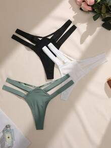3pcs/Set Women Solid Color Hollow Sexy Minimalist Design Thong Panties - Multicolor - View 1
