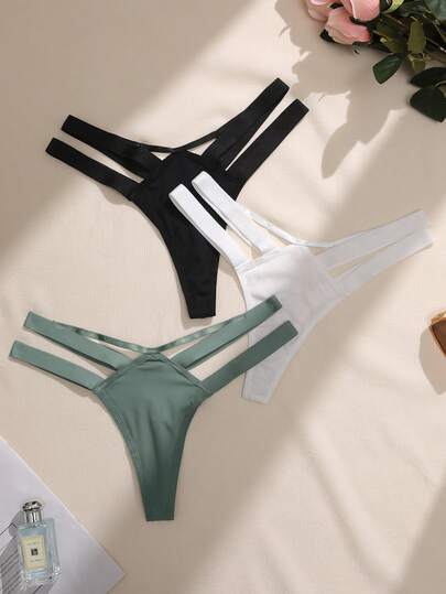 3pcs/Set Women Solid Color Hollow Sexy Minimalist Design Thong Panties