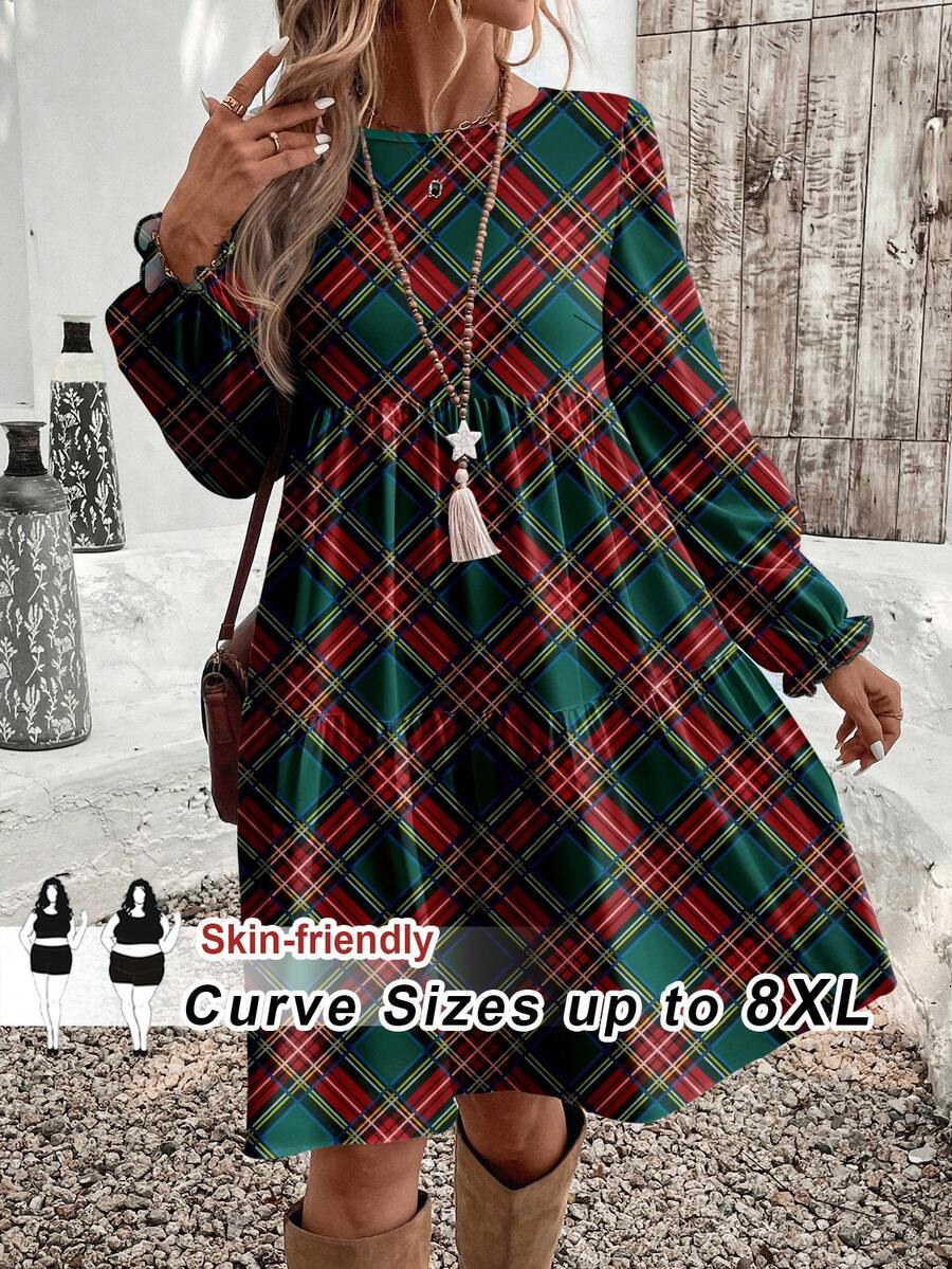 SHEIN CURVE+ 大码娃娃领碎花宽松休闲连衣裙，适合秋冬季穿着 - 杏色 - 查看 1