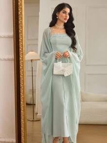 Modelyn Women's Fitted Pearl Spaghetti Strap Maxi Dress With Shawl, 2 Pieces Set Dress Modest Elegant 2 Piece SetTwo Piece Set Women Elegant - Green - View 5