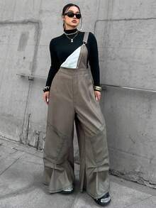 POPSWAY 大码女士休闲连体裤，带口袋、松紧腰带、交叉绑带、牛仔印花、军绿色，适合春夏假期穿着 - 軍綠色 - 查看 5