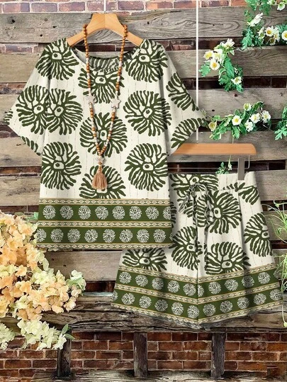 Linhara Plus Size Women Print Round Neck Short Sleeve Top And Tie Waist Loose Shorts 2 Piece Set, Fashionable Casual Elegant Loungewear