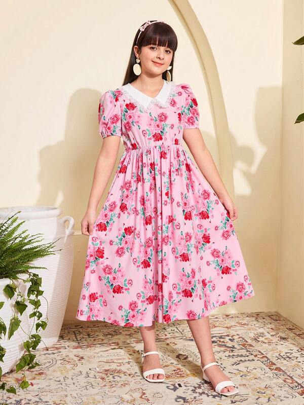 SHEIN Teen Girls' White Collar Lace Trim Floral Print Cinched Waist A-Line Dress, Sweet Vacation Style, Suitable For Spring/Summer