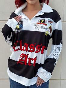 Bearsaez 女式夏季外出街头服饰 Y2K 条纹图案运动宽松长袖 Polo T 恤 - 黑與白 - 查看 3