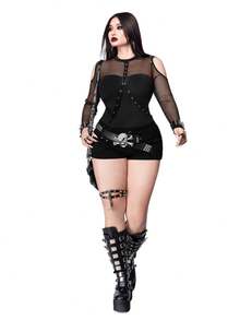 Whyspr Áo thun dài tay cỡ lớn phong cách Punk với phần vai khoét lưới và viền ren - màu đen - Xem 5