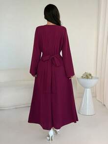 Al Najma Women's Elegant Arabic Style A-Line Dress With Long Sleeves, Cinching Waist And Rhinestone Decor, Suitable For Autumn - Purple - View 2