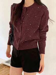 DAZY Women's Fashion Casual Beaded Short Cardigan - Red Violet - View 4